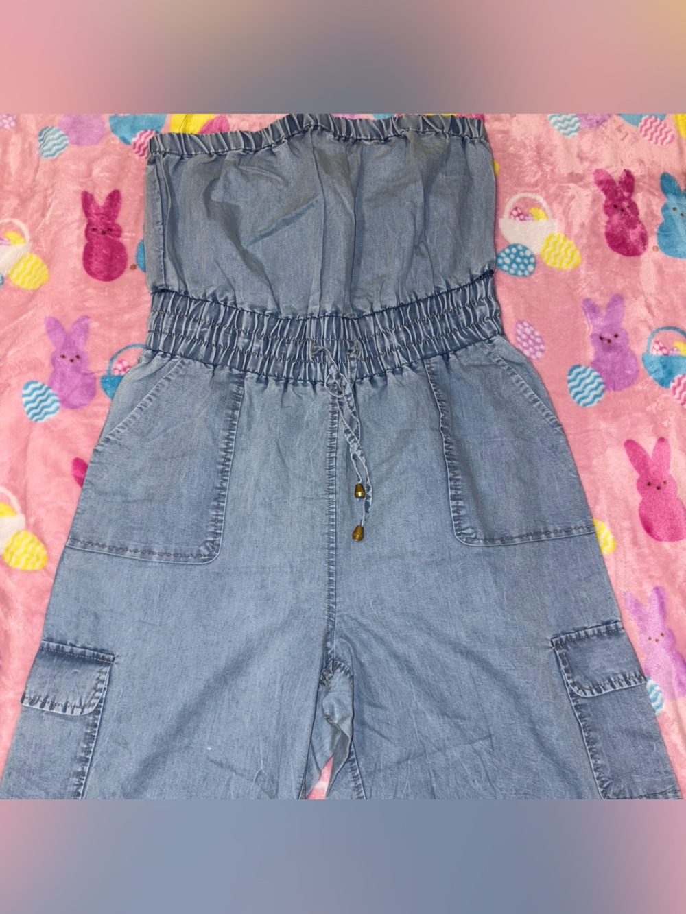 Indigo Light Blue Strapless Chambray Jumpsuit with Drawstring Waist